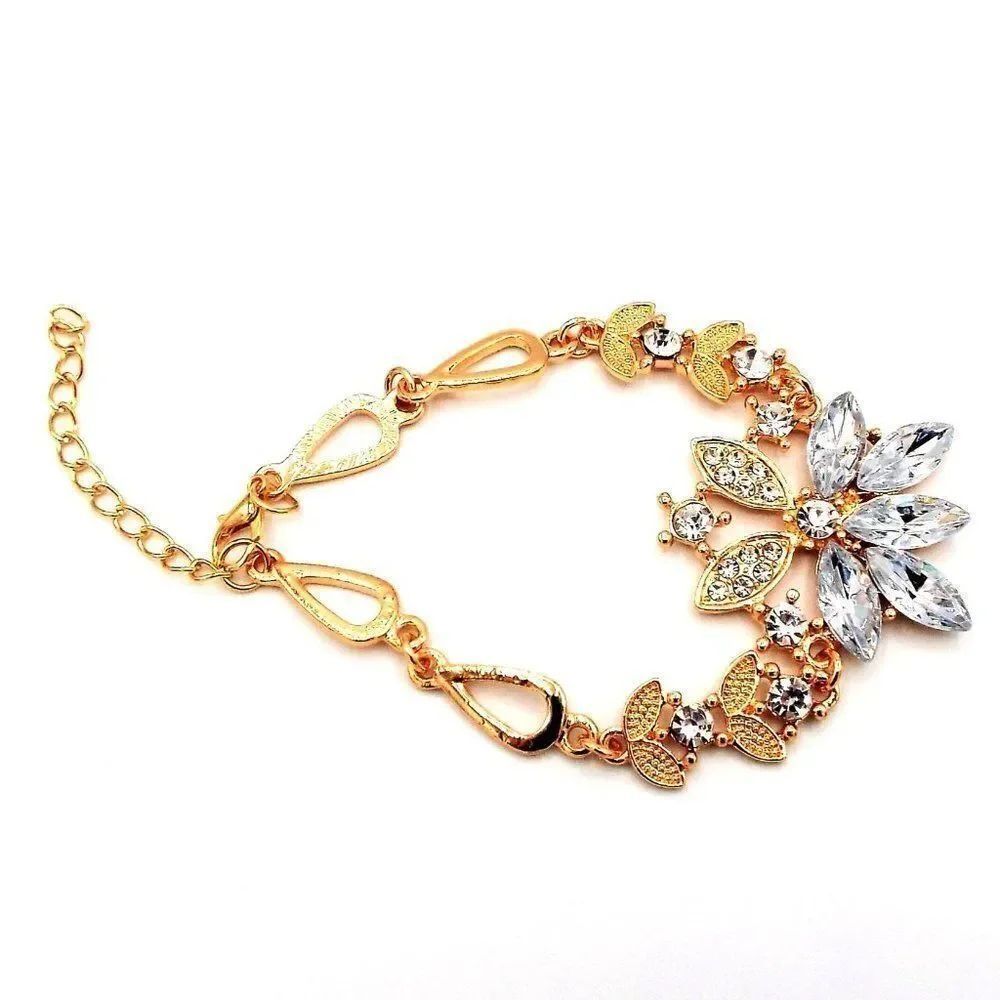 Yellow Gold and White Diamond Crystal Flower Motif Adjustable Bracelet